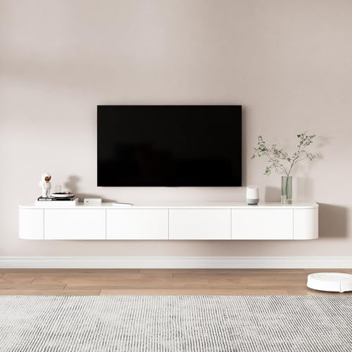 FGNIXLN Floating TV Unit,120-300CM Wall Mounted TV Cabinet, Floating TV Stand with Flip-Down Doors & Drawers, Modern TV Media Console Center Large Storage TV Bench (White(B), 220CM)