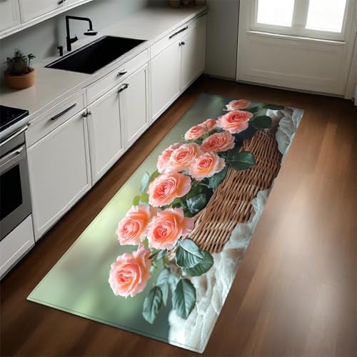 Rosa Teppich Läufer Flur Küche Rose rutschfest Waschbar Lang Küchenläufer Küchenteppich Teppich für Eingangsbereich Wohnzimmer Schlafzimmer 60 x 180 cm