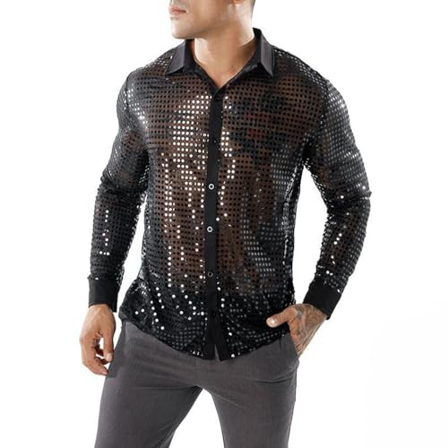 Herren Pailletten Langarm Hemd 70er Disco Party Kostüm Button Down Disco Glitzer Shirts Hemd Nachtclub Fasching Oberteil Nachtclub Top