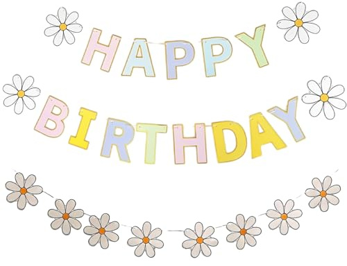 Gänseblümchen Deko Geburtstag,Happy Birthday Banner und Gänseblümchen Girlande 2 Stück Set,Gänseblümchenbanner,Frühlingsblumen Deko Geburtstagsfeiern und Party,Boho Stil Geburtstagsdekoration