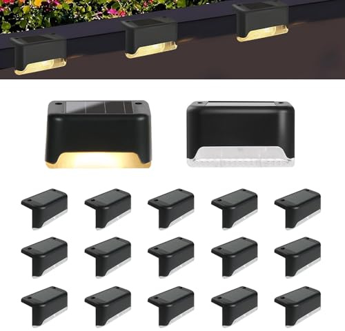 Nzkeuf 16 Pezzi Luci Solari per Esterni, Luci a LED Impermeabili, Luci Solari Da Giardino per Scale Esterne, Gradini, Recinzioni, Cortili, Patio, Grondaia, Sentiero, Decorazione (Nero, Bianco Caldo)