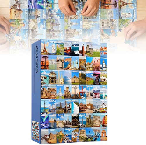 1000 Piece Travel Puzzle for Adults–63 World Wonders City Jigsaw Puzzle, Countries of The World Puzzles, Non-Glare Finish, Challenging Family Game Gift Idea