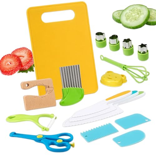 Holdfiturn 17PCS Kids Cooking Toy Set, Safe Real Cooking Tools, Montessori Kitchen Toys for Children with Crinkle Cutter, Y Peeler, Cutting Board, Fruit & Veggie Cutters, Finger Guard, Storage (17PCS)