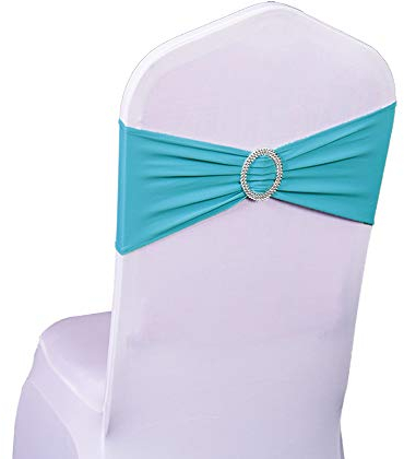 Lycra-Stuhlschärpen aus Stretch-Elastik mit Schnalle und Schleife, Polyester und Spandex, türkis, 50PC
