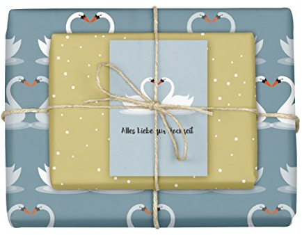 dabelino® 5x Geschenkpapier Hochzeit: Schwäne/Herz (zweiseitig weiß-blau/beige, öko) | Set inkl. Karte: Alles Liebe zur Hochzeit
