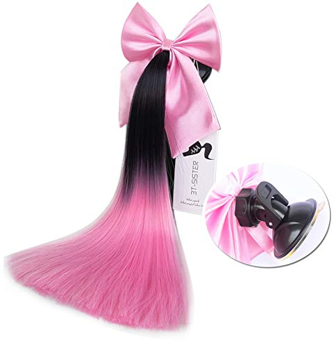 3T-SISTER Helm Pigtails mit Bow Knot 14 Zoll Helm Pferdeschwanz Dekoration für Motorrad Fahrrad Ski Helm Zubehör Wiederverwendbare Saugnapf Strass Design (Black to pink)