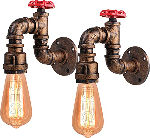 iDEGU 2 Stück Industrielle Wandleuchte, Vintage, Wandleuchte, Rohrstil, Retro, Art Déco, Wandlampe für Bar, Küche, Restaurant, Café, Flur (Rost, Wasserhahn H)