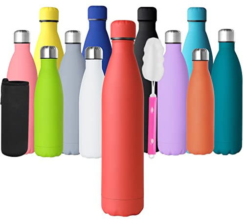 GeeRic Bottiglia Termica 1 Litro Opaco Borraccia in Acciaio Inox+Spazzola+Borsa Portatile Bottiglia d'Acqua Sportiva Tenere 12H Caldo/24 Freddo Borraccia Termica per Campeggio,Scuola,Sport Rosso