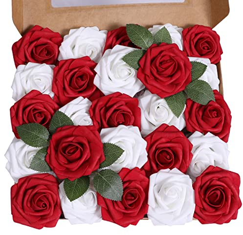 Ruiuzioong Künstliche 25 Stück Rosen Blumen Schaumrosen Foamrosen Kunstblumen Rosenköpfe Gefälschte Kunstrose Rose für Hochzeit Blumensträuße Braut Zuhause Dekoration (rot weiß, 25 Stück)