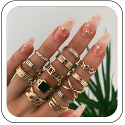 Wendalern Punk Kreuz Fingerring Goldstern Stapelbare Ringe Schwarzer Stein Knöchelringe Hohlmetallband Ring Schmuck für Frauen und Mädchen