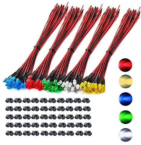 HUAZIZ 100 Stück 3mm Leds mit 20cm Kabel, DC 12V Vorverdrahtetes Licht, Vorverdrahtete LED-Dioden Licht (Rot, Gelb, GRÜN, Weiß, Blau, Jeder 20 Stück) + 100 Stück 3mm LED Montageringe Plastik