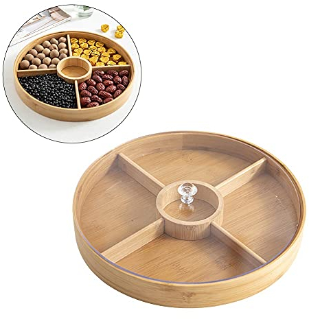 Kisbeibi Bamboo Nuts Platter Tray, Round Serving Tray with Lid and 5 Compartments, Dried Fruit Food Storage Container for Candy Nut Fruits Condiment Party Wedding Decoration(Khaki)