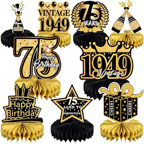 9 Pcs 75th Birthday Decoration 75 Birthday Party Decorations for Men Women 75 Years Birthday Tables Decorations Cheers to 1950 Centerpieces Honeycomb Black and Gold 75th Birthday Party Favors