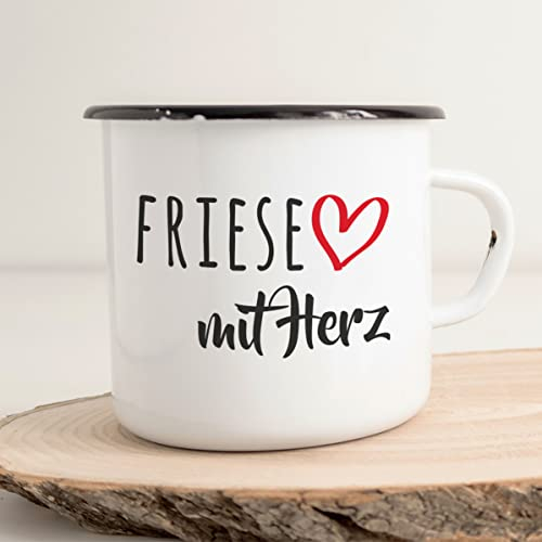 Huuraa Emaille Tasse Friese mit Herz Geschenk 300ml Vintage Friese Geschenkidee