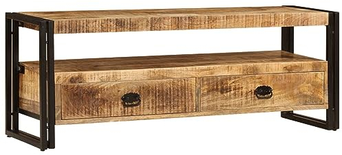 JUNZAI TV-Schrank, TV Lowboard, TV Board, Fernsehtisch, Fernsehschrank, Wohnzimmer, TV Tisch, Fernseher Tisch, Fernsehkommode, 120 x 35 x 45 cm Mangoholz Massiv
