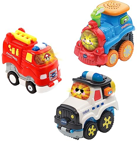 Vtech TUT TUT Baby Flitzer Press&Go Set - Feuerwehr, Lokomotive, Polizei - 3 Fahrzeuge im Set