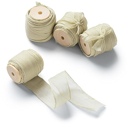 CHUQING Schleifenband Hochzeit 2,5 cm Chiffonband Geschenkband Breit Stoffband Beige Creme Dekoband Stoffband für Geschenk, Basteln, Nähprojekte, Haarschleifen, Brautstrauß