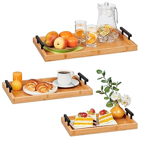 Relaxdays Tablett 3er Set, Bambus, versch. Größen, Serviertablett, Griffe, hoher Rand, Küchentablett rechteckig, Natur