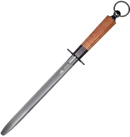 MITSUMOTO SAKARI 10 Inch Japanese Knife Sharpening Honing Rod, Professional Kitchen Knife Sharpener, Black Diamond Flat Sharpening Steel (Rosewood Handle)