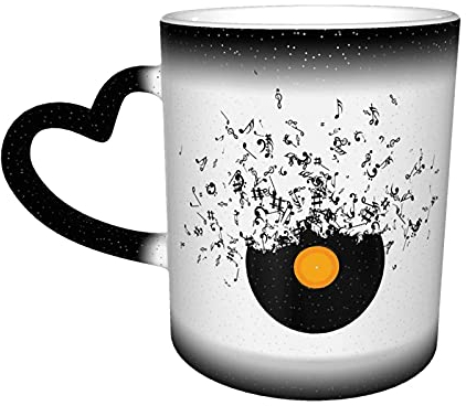 BOHHO Taza de café con diseño de disco negro y notas musicales, Taza de Viaje personalizada con cambio de Color negro mágico, Taza de cerámica sensible al calor