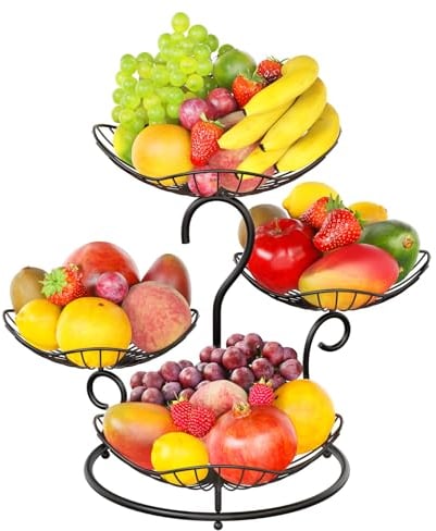 PouHenier.jh 4 Tier Fruit Basket Rack Stand for Kitchen Counter, Metal Wire Tiered Stylish Vegetable Storage Bowl Holder for Dining Table, Countertop Display Centerpiece, No Screws Easy Setup, Black