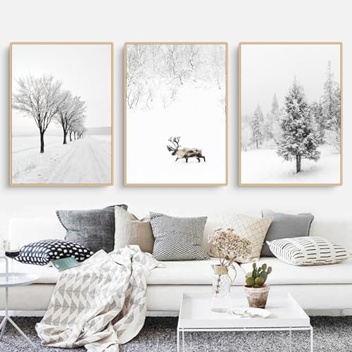 Uixxducc Winter Poster Wohnzimmer Bilder 3er Set Tanne Elch Winterlandschaft Wandbilder Kunstdrucke Leinwand Bilder Ohne Rahmen Einfachheit Wandposter (50 x 70 cm)