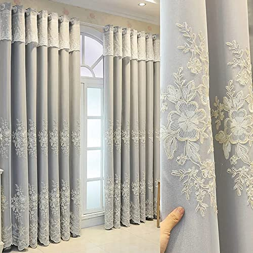 Amidoudou 1 Paar Europäische Doppelschicht Vorhänge Luxus Blume Bestickte Vorhänge Für Wohnzimmer Schlafzimmer (Grau,140 x 230 cm)(BxH)