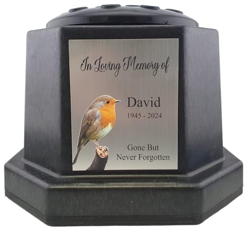 1stclassgifts [Custom] Personalised Printed Robin Black Memorial Rose Bowl Grave Marker Flower Pot Vase Silver/Gold Plate (UV PRINTED) (Silver Plate)