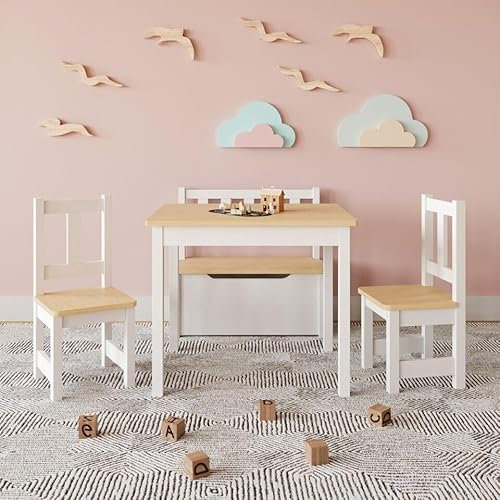 URBNLIVING Modernes Kindertisch-Set aus Holz mit 2 Stühlen und Aufbewahrungsbank, stilvoll und perfekt für endlosen Spielspaß (Weiß & Eiche)