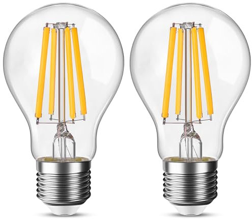Genixgreen E27 LED Glühbirnen, A60 12W Edison Glühbirnen Retro Stil Globe Filament Warm White 2700K Dekorative Glühbirne, 100W Äquivalent, 1521LM, Klarglas, 2-Pack
