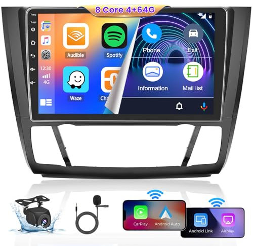 Hikity 8 Core 4G+64G Android 15 Autoradio para BMW Serie 1 E81 E82 E87 E88 2008-2012, Inalámbrico Carplay Android Auto 9 Pulgadas Pantalla Táctil Bluetooth Radio Coche con GPS WiFi EQ DSP FM RDS SWC