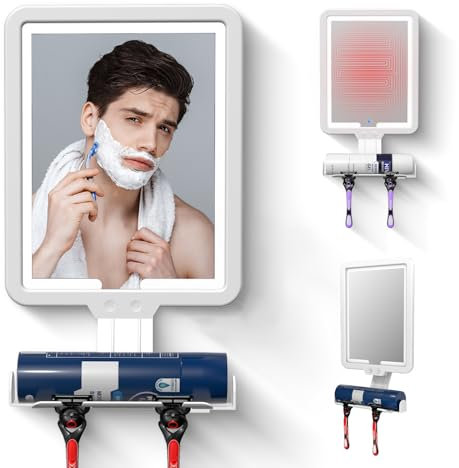 Junyaoxuan Heated Anti-Fog Shower Shaving Mirror,9.5 * 8 Inch LED Shower Mirror Fogless for Shaving with 3 Color Modes Storage Tray and Razor Holder,White