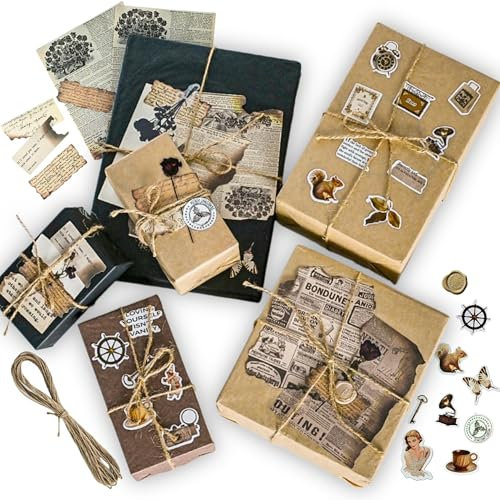 Vintage Geschenkpapier Set Mit 20 Blatt Transparentpapier Bunt,Scrapbook Stickers,Altes Papier,Wachssiegel Selbstklebend,Juteschnur,Klebeband,3 Farben Seidenpapier 50x70 für Geschenkverpackung