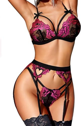 RSLOVE Sexy Femme Ensemble Lingerie Jarretière avec Porte Jarretelles Dentelle Soutien-Gorge et Culotte Noir Remix Rose M