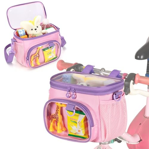 LoDrid Lenkertasche für Kind, Süßer Fahrradkorb Laufradtasche Passend für Meisten Lenker, Dreirad, Roller Tasche mit Schulterriemen, Rosa
