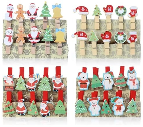 Aililong 40 piezas de pinzas de madera para Navidad pequeñas con cordón de yute - Pinzas decorativas para fotos, fiestas y Navidad
