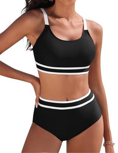Tuopuda Bikini Mujer Push Up Deportivo Cintura Alta Traje de Baño Dos Piezas Conjunto de Bikini Biquini Vikini con Relleno Bikini Top con Brasileño Braga Alta Natacion Playa Piscina, Negro, M