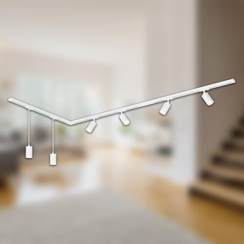 BRILONER - Sistema de rieles juego completo, 4x GU10 spots orientables, 2x GU10 colgante, forma de L, sistema de rieles techo, riel para proyector, proyector, 2,25m, blanco