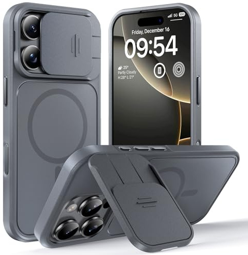 TOCOL für iPhone 16 Pro Hülle für Magsafe mit Ständer, mit verschiebbarem Kameraschutz, Stoßfest Kratzfest schwere Magnetisch Handyhülle für iPhone 16 Pro Case, Grau
