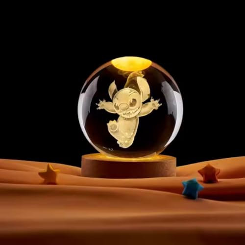 Genérico Lampe 3D Stitch LED avec base en bois - Boule de verre éclairée - Veilleuse pour filles et garçons - Cadeau original Fans de Lilo et Stitch
