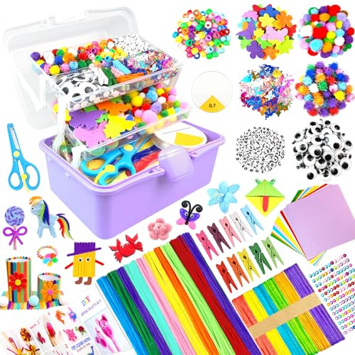 BNUZEIYI Bastelset Kinder – DIY Basteln Bastelkoffer für Kinder 3-Schicht Bastelbox Material Set mit Pfeifenreiniger Schulbedarf Spielzeug Geschenke für Mädchen Jungen 4–8, 8–12 Jahren, Lila