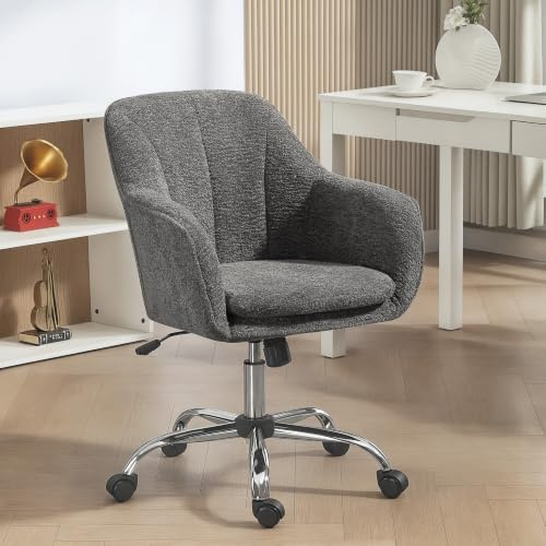 HOMCOM Snow Flannel Office Chair Makeup Vanity Chair Wheeled Grey | Tub Back, Swivel Rolling Design, Computer Armchair, Bedroom, Living Room