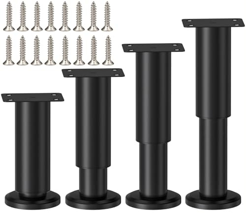 LCOUACEO 4 Pièces Pieds de Meubles Réglables en Métal Noir 8-12cm | Pieds de Table, Réglables en Hauteur, Pour Meubles Table Chaise Bureau Armoires Canapé, Livré avec Vis