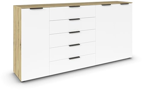Rauch Möbel Flipp, Kommode, Farbe Weiß/Eiche Artisan, Breite 199 cm | Sideboard, 3-türig, 5 Schubladen, Soft-Close-Funktion, für Schlafzimmer, Gästezimmer, Wohnzimmer, Garderobe, Flur