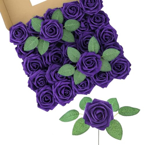 DuHouse Artificial Roses 50Pcs Fake Foam Rose Flowers Weeding(Dark Purple) | Real Touch Foam Roses with Stems, DIY Wedding Bouquet, Party Centerpiece, Floral Arrangement, Party Home Decor