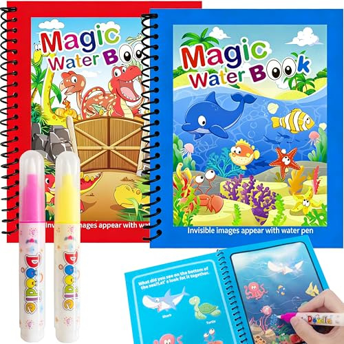 2 Stück Wassermalbuch für Kinder mit 2 Wasserstiften, Water Wow Malbuch Magic Water Colouring Book mit Wasserstift, Magic Water Book Wiederverwendbares Aqua Doodle Malbuch Geschenke