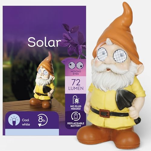 MIJOMA Solarfigur mit Moving Eyes – LED Gartenfigur aus Polyresin mit 8h Timer – Solarbetriebene Deko für Garten Balkon Terrasse (Gartenzwerg Klassik)
