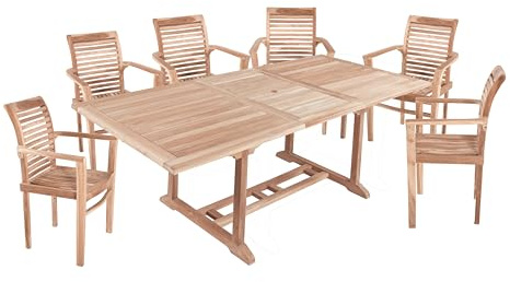 DELUKE Garten-Sitzgruppe Magnus 7-TLG. - Teak, Teakbraun | Gartenmöbel-Set Gartengarnitur Garten-Essgruppe mit Stühlen und Esstisch