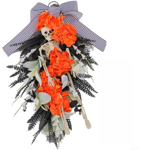 Crabop Couronne Halloween Crâne et Fleurs Orange pour Porte Décoration | Couronne d\'Halloween avec Crâne et Fleurs Orange, Décoration Suspendue Effrayante en Plastique pour Porte