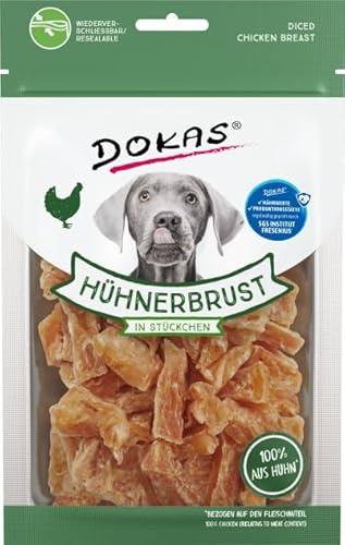 DOKAS Hühnerbrust in Stückchen | 10 x 70 g | Ergänzungsfuttermittel für Hunde | Kann ideal als Belohnung oder Snack genutzt Werden | Mundgerechte Häppchen